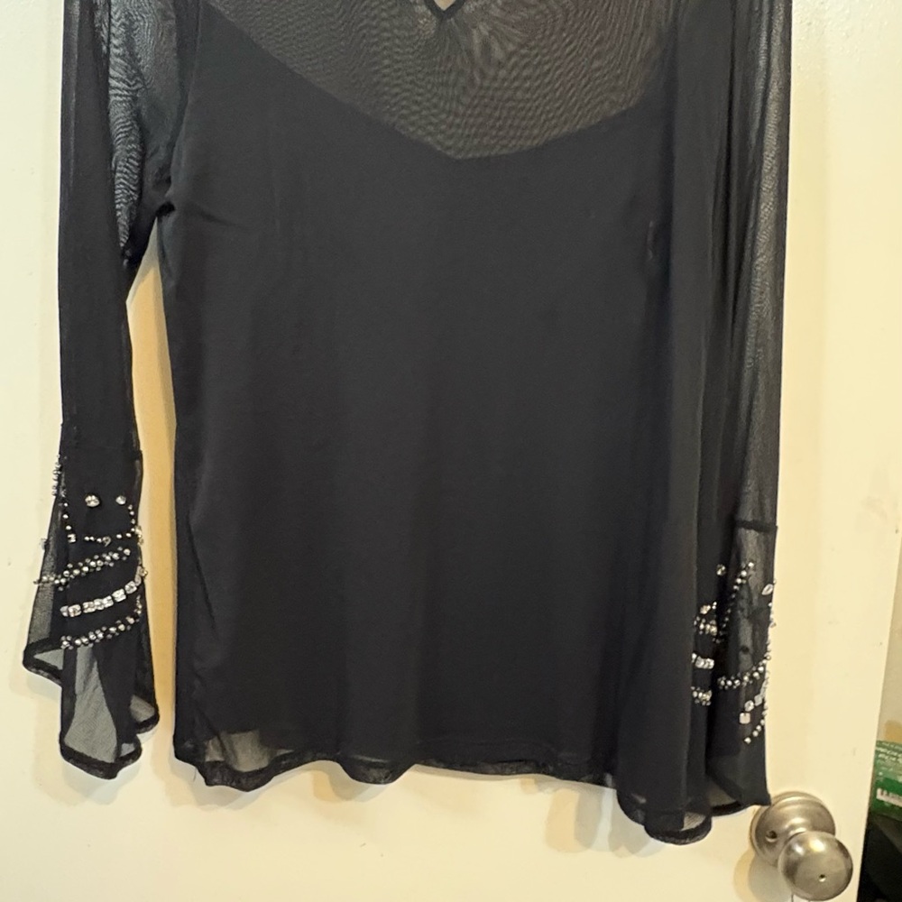 INC International Concepts Black Sheer V-Neck Top with Beaded Bell Sleeves